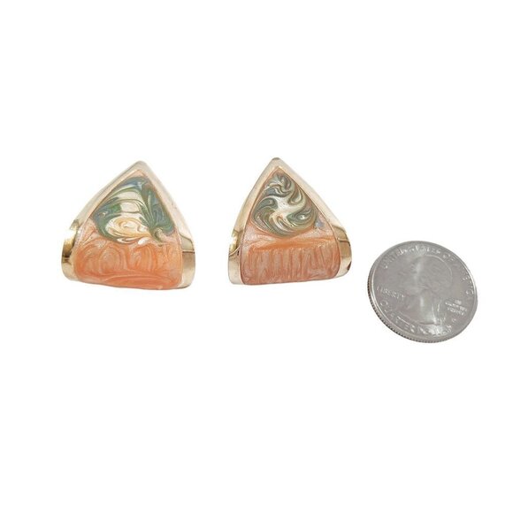 Vintage 80s Curl Triangle Peach & Green Enamel Swirl Gold Tone Pierced Earrings - Picture 7 of 11